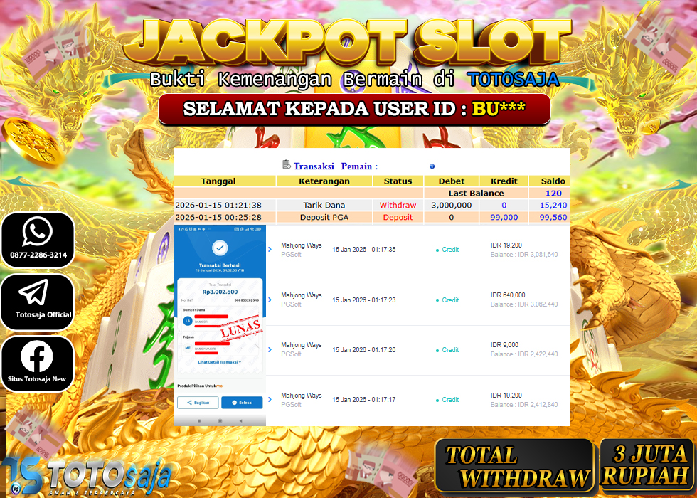 TOTOSAJA JACKPOT SLOT ONLINE MAHJONG WAYS Rp.3.000.000,- LUNAS