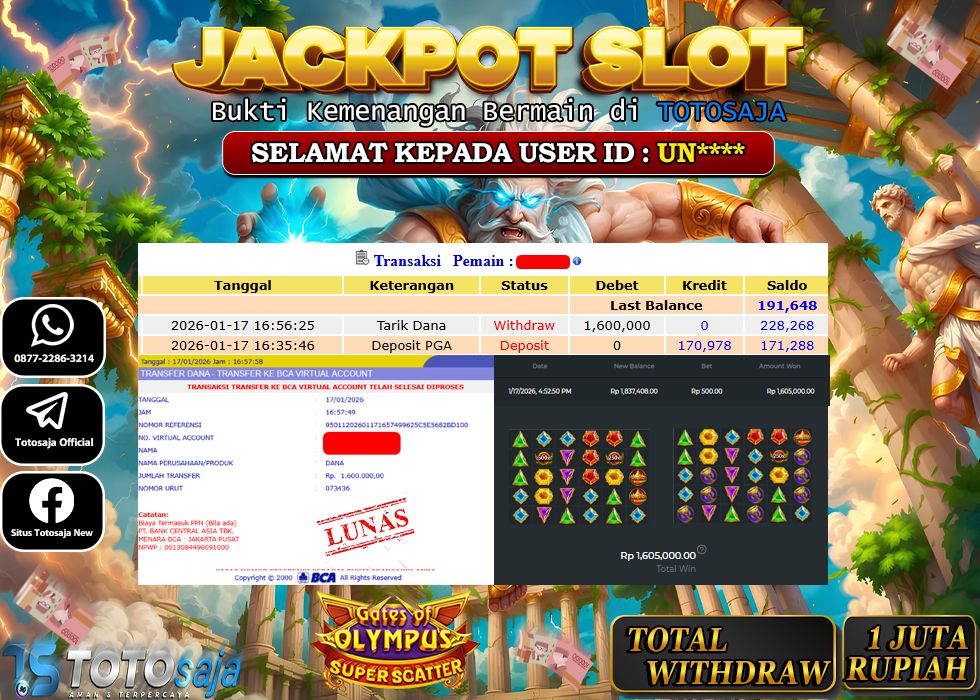 TOTOSAJA JACKPOT SLOT ONLINE GATES OF OLYMPUS SUPER SCATTER Rp1.600.000,- LUNAS