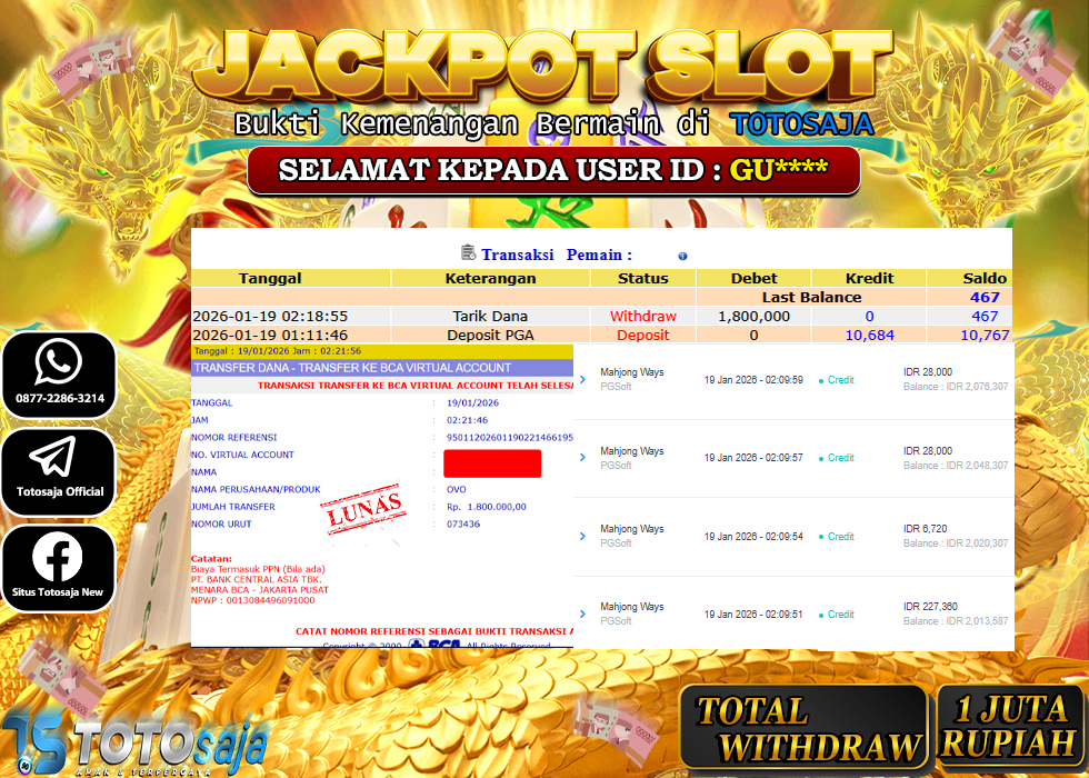 TOTOSAJA JACKPOT SLOT ONLINE MAHJONG WAYS Rp.1.800.000,- LUNAS