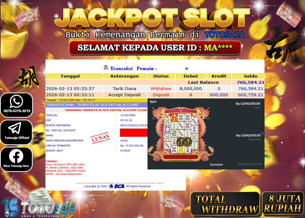 TOTOSAJA JACKPOT SLOT ONLINE  MAHJONG WINS 3 - BLACK SCATTER Rp.8.000.000,- LUNAS