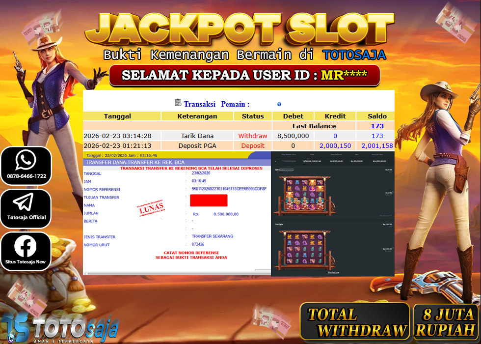 TOTOSAJA JACKPOT SLOT ONLINE Wild West Gold Blazing Bounty ​​​​​​​ Rp.8.500.000,- LUNAS