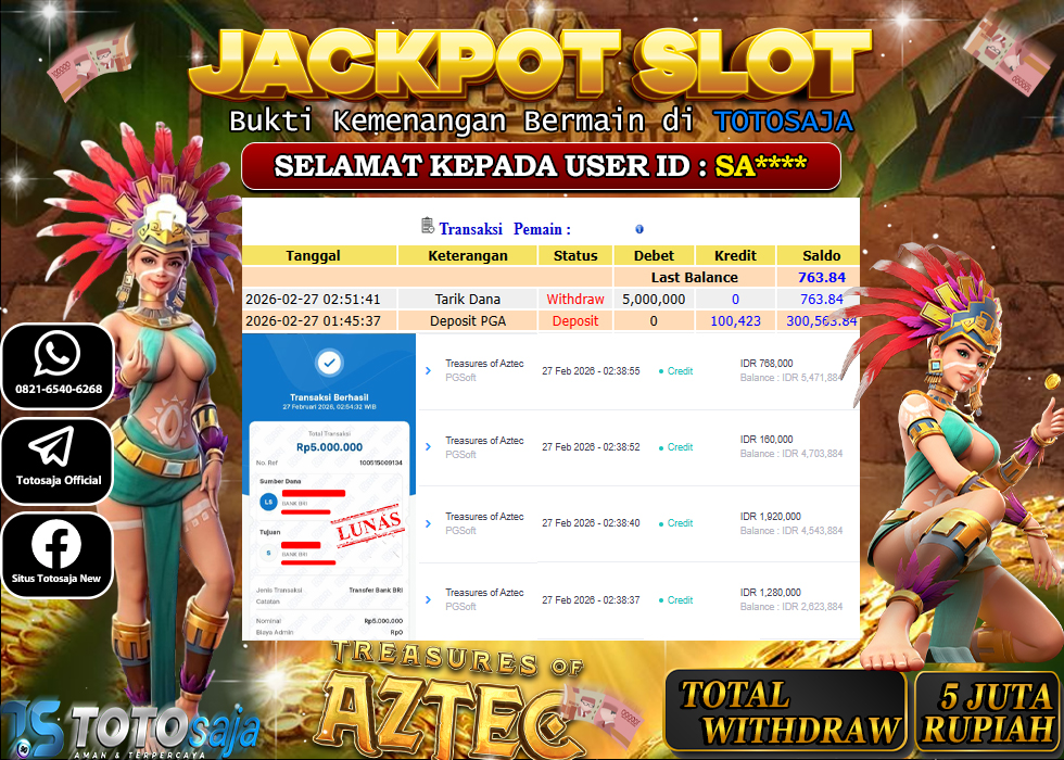 TOTOSAJA JACKPOT SLOT ONLINE TREASURES OF AZTEC  Rp.5.000.000,- LUNAS
