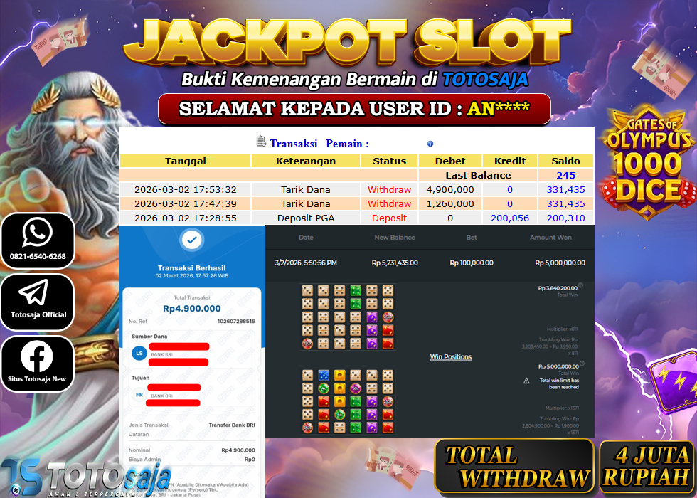 TOTOSAJA JACKPOT SLOT ONLINE GATES OF OLYMPUS 1000 DICE Rp.4.900.000,- LUNAS