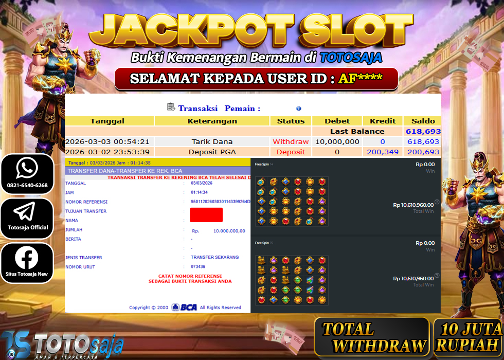 TOTOSAJA JACKPOT SLOT ONLINE  GATES OF GATOT KACA 1000 Rp.10.000.000,- LUNAS