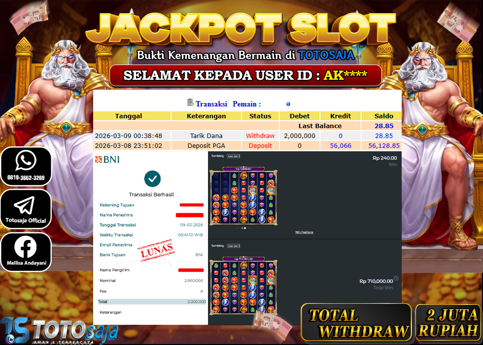 TOTOSAJA JACKPOT SLOT ONLINE FORTUNE OF OLYMPUS Rp.2.000.000,- LUNAS