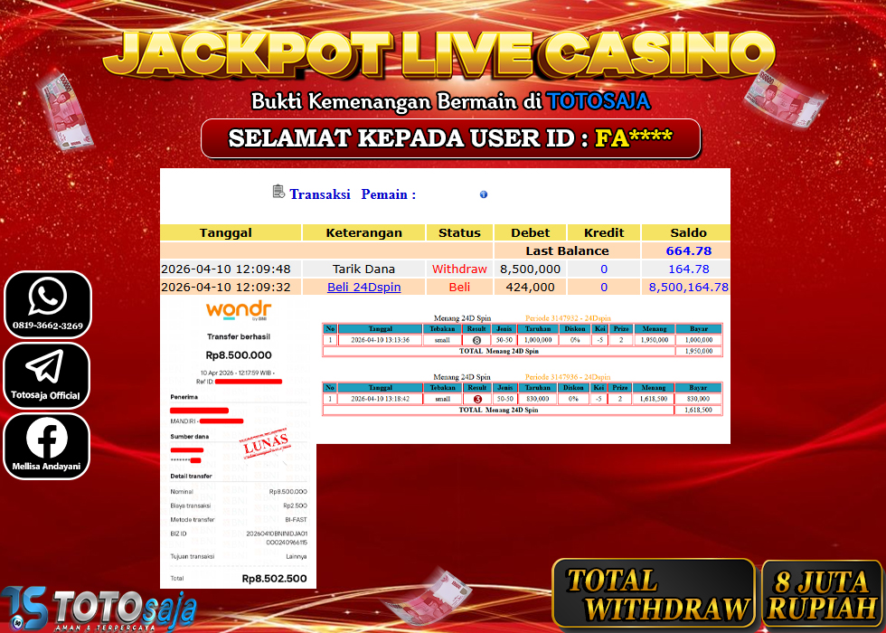 TOTOSAJA JACKPOT CASINO ONLINE 24 SPIN  Rp.3.010.000,- LUNAS