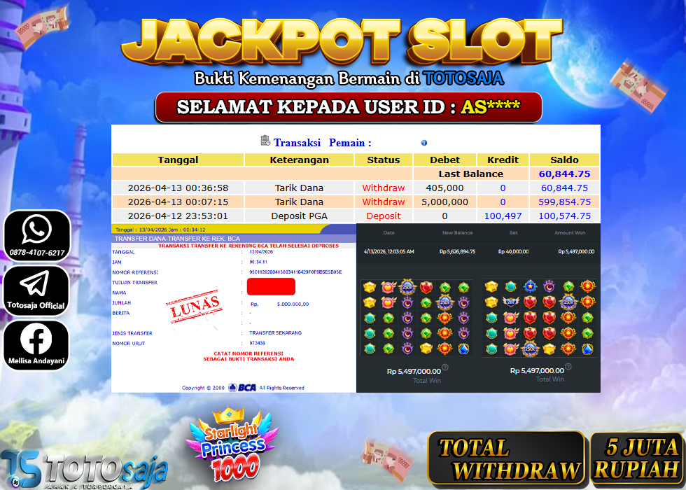 TOTOSAJA JACKPOT SLOT ONLINE STARLIGHT PRINCESS 1000 Rp.5.000.000,- LUNAS