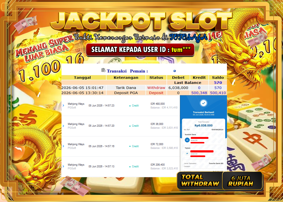 TOTOSAJA JACKPOT SLOT ONLINE MAHJONG WAYS Rp.6.038.000,- LUNAS