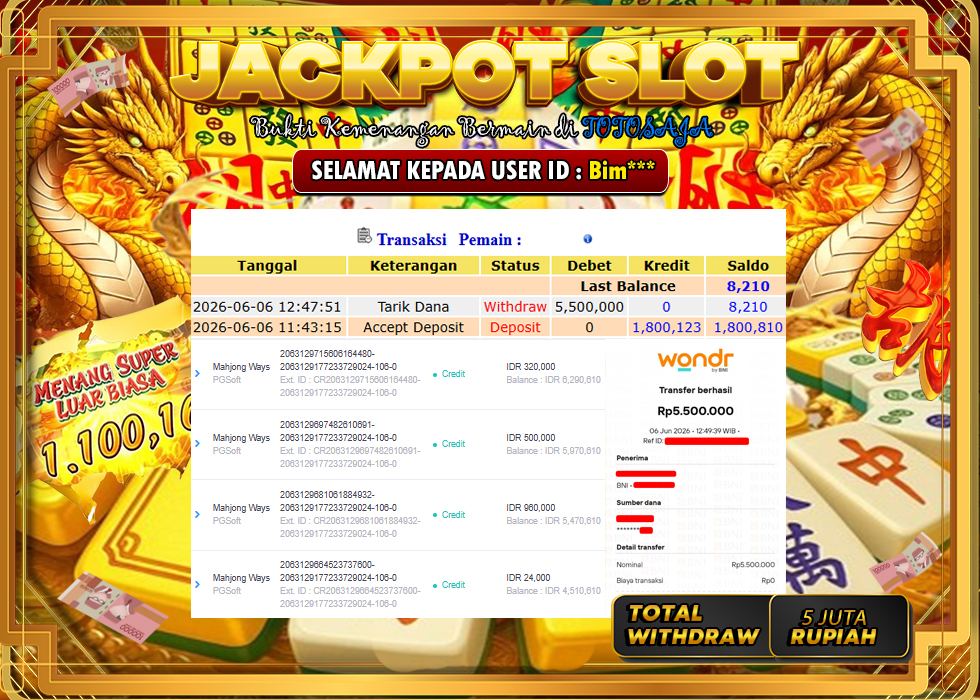 TOTOSAJA JACKPOT SLOT ONLINE MAHJONG WAYS Rp.5.500.000,- LUNAS