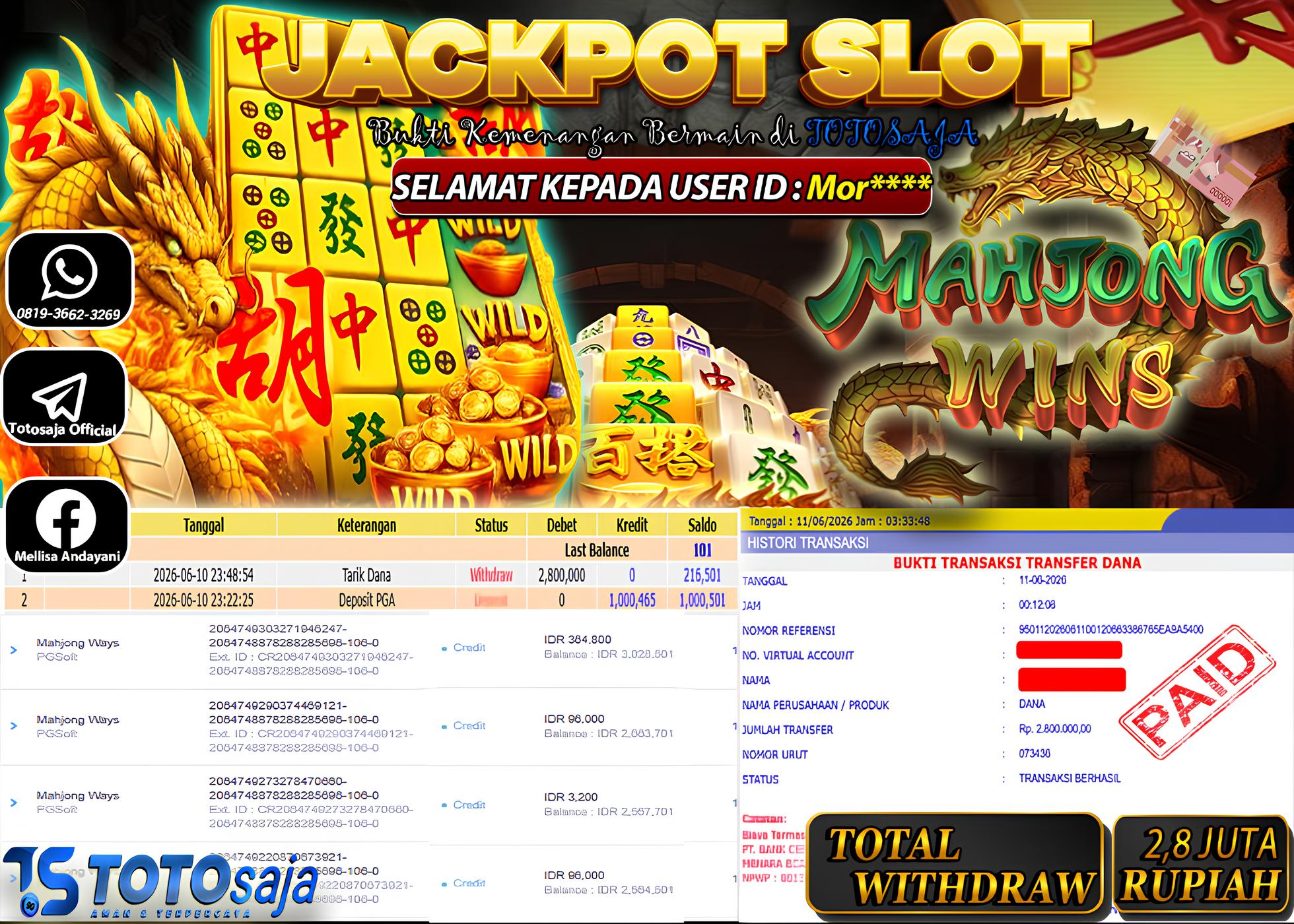 TOTOSAJA JACKPOT SLOT ONLINE MAHJONG WAYS Rp.2,800.000,- LUNAS