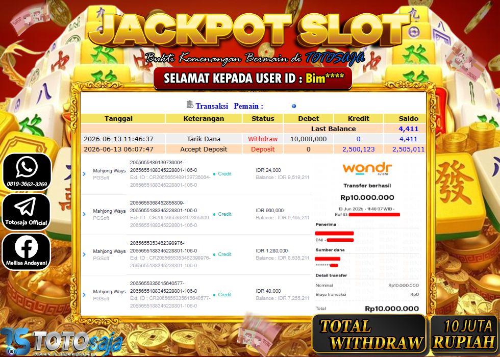 TOTOSAJA JACKPOT SLOT ONLINE MAHJONG WAYS Rp.10,000.000,- LUNAS