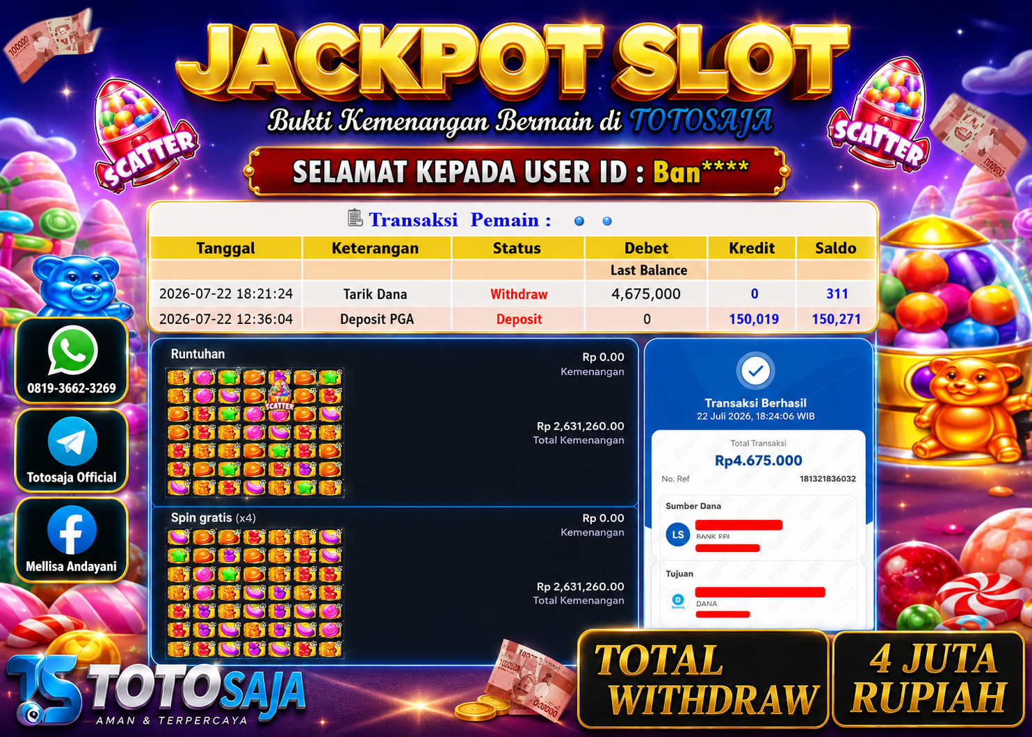 TOTOSAJA JACKPOT SLOT ONLINE SUGAR RUSH 1000 Rp.4.500.000,- LUNAS