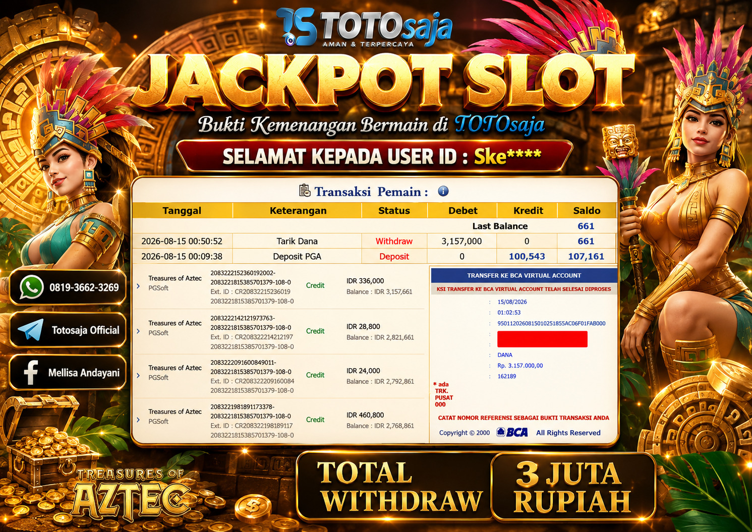 TOTOSAJA JACKPOT SLOT ONLINE  TREASURES OF AZTECRp.3.157.000,- LUNAS