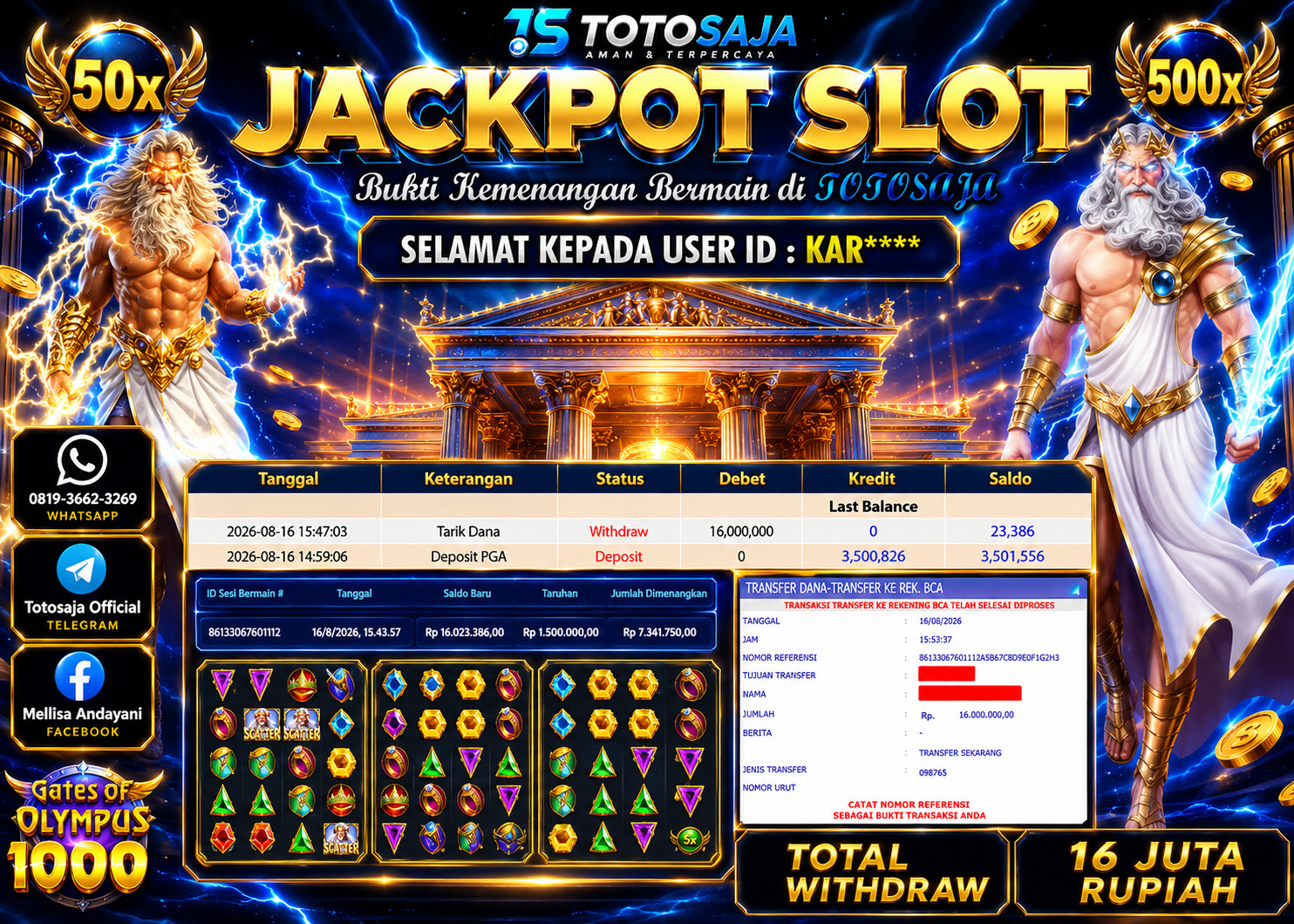 TOTOSAJA JACKPOT SLOT ONLINE Gates Of Olympus 1000 Rp.16.000.000,- LUNAS
