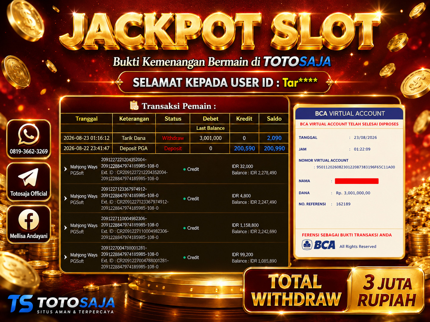 TOTOSAJA JACKPOT SLOT ONLINE MAHJONG WAYS 2 Rp.3,001.000,- LUNAS